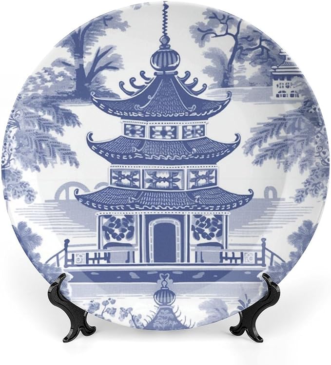 Chinoiserie Blue Asian Pagoda China Plates for Display Home Art Decoration Supplies Wedding Table Holiday Party Decorations Customize Gifts for Men Women Halloween, 6", 7", 9", 10"