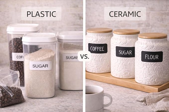 Canisters Set of 2 – White Ceramic Flour and Sugar Containers (94oz & 52oz) with Airtight Bamboo Lids, Decorative Kitchen Counter Storage Jars for Coffee & Pantry
