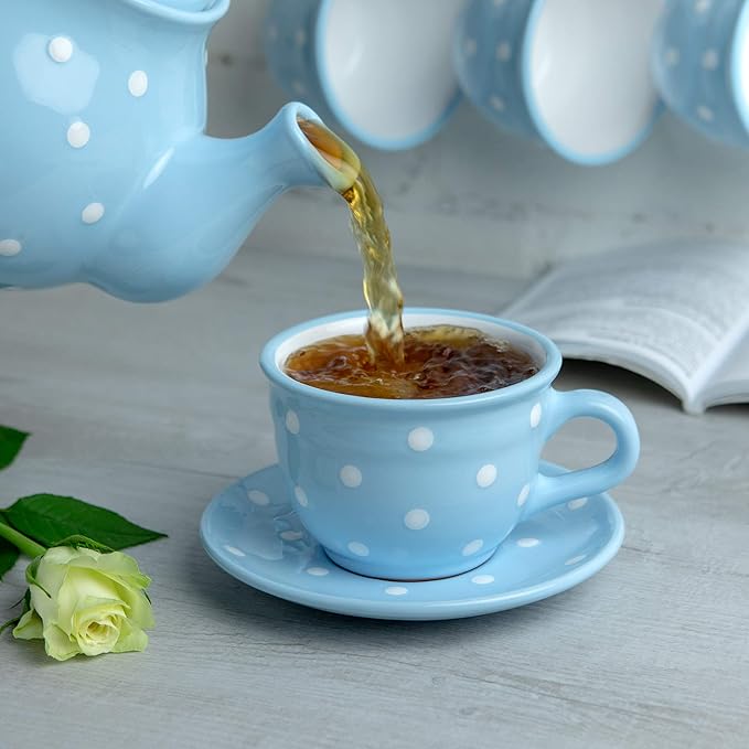 City to Cottage Handmade Light Sky Blue and White Polka Dot Large Ceramic 12oz/350ml Cappuccino Coffee Tea Cup and Saucer, Unique Designer Pottery Gift for Tea Lovers