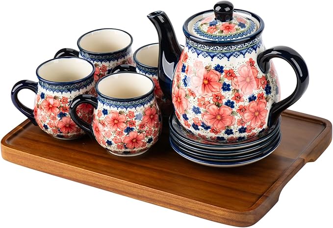 polish pottery style porcelain ceramic 10 piece Tea set,7.2oz tea cup and sauce set of 4,28.2oz teapot and 1wooden tray (Snow and Plum)