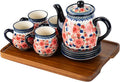 polish pottery style porcelain ceramic 10 piece Tea set,7.2oz tea cup and sauce set of 4,28.2oz teapot and 1wooden tray (Snow and Plum)