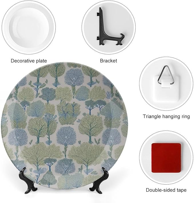 Home Decorations Fashion Plates, Green And Blue Forest Custom Christmas Gifts Design Collector Plates for Display Table Wall Decor, Including Bracket And Special Hook