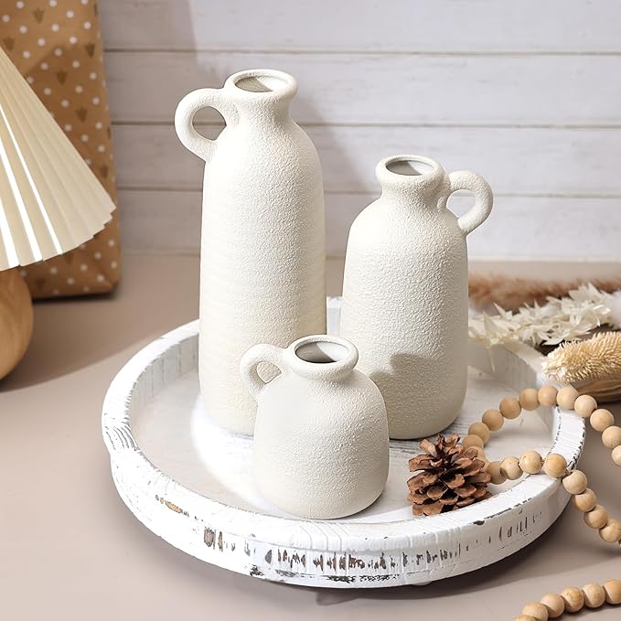 Ceramic Vase Set of 3 with Handle, White Modern Farmhouse Vases for Pampas Grass & Dried Flowers, Flower Vase for Table Living Room Home Decor
