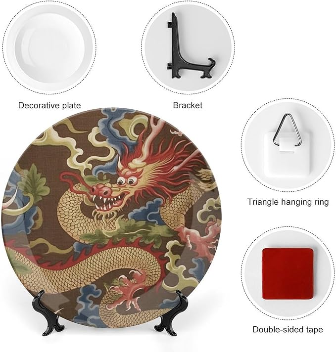 Dragon Gold Oriental Style Asian Ceramic Decorative Plate of 6", 7", 9", 10", Personalized Ceramic Display Plate, Wedding Kitchen Decorations Home, 1 Plate with 1 Display Stand