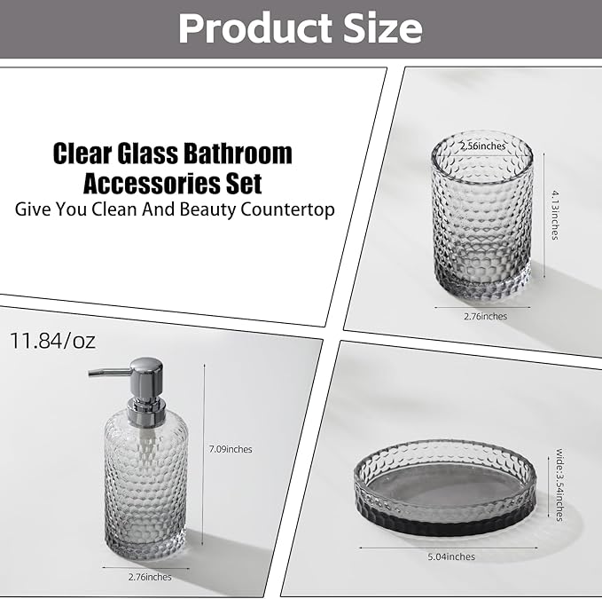 Bathroom Accessories Set, 4Pcs Clear Glass Bathroom Set, Hand Soap Dispenser, Toothbrush Holders, Tumbler, Bar Soap Dish for Modern Bath Decor Organizers and Storage Countertop Sink (Grey)