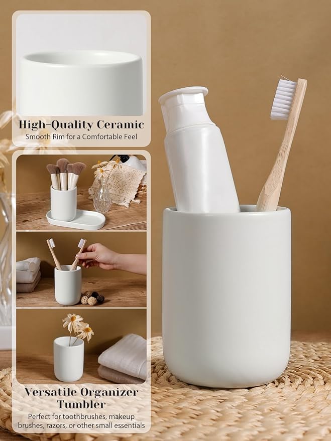 INGOFIN 3 Pcs Ceramic Bathroom Accessory Set - Liquid Soap Dispenser, Toothbrush Holder & Tray, Bathroom Counter Set, Countertop Essentials for Home, Guest Bathroom, or Office Use, White