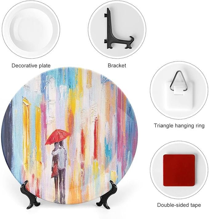 XISUNYA 6 Inch Decorative Plate,Love Decor Ceramic Stoneware, Love Couple in Street Rainy Day Romance Print Ceramic Wall Hanging Decor Accessory for Dining Table Tabletop Home Decor