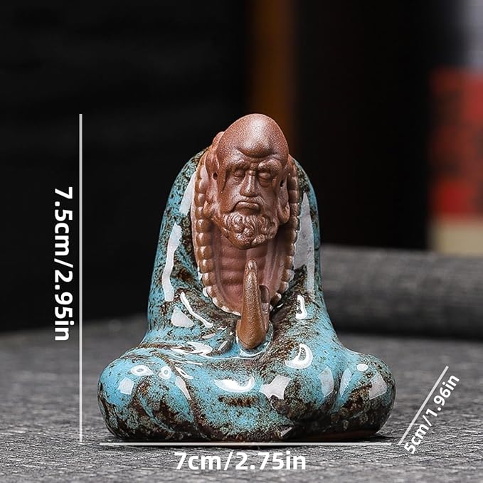 Purple Sand Bodhidharma Statue 7 cm Zen Bodhidharma Buddha Statue Meditation Ceramic Sculpture Home Tea Room Desktop Decoration Ornaments (Blue+red)