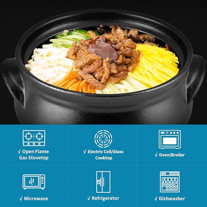 Large Korean Ceramic Bowl with Lid and Trivet, 54 oz Sizzling Hot Pot with Double Handles for Cooking and Serving Dolsot Bibimbap, Soup, Rice, Stew, Casserole, Noodle (Frosted Black)