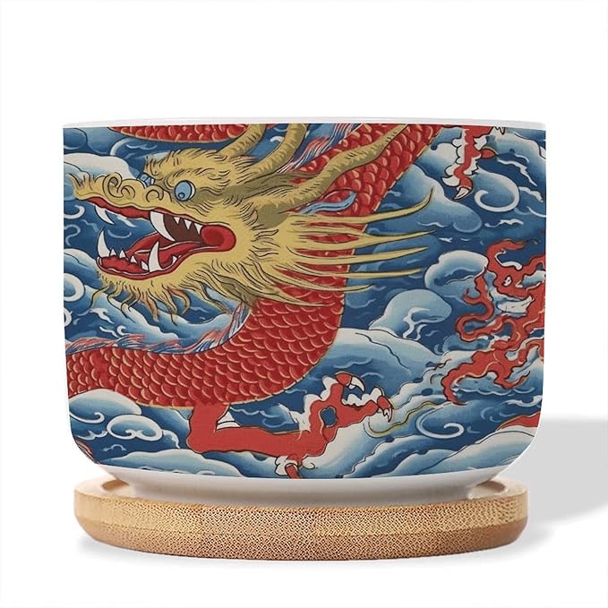 5 Piece Ceramics Planters Red and Auqa Dragon Small Succulents Pots Chinoiserie Dragon Cactus Pot Chinoiserie Asian Plant Pot with Drainage Holes and Bamboo Tray