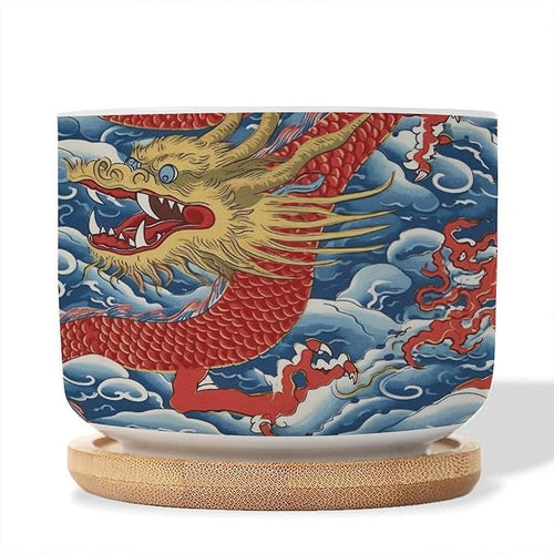 1 Piece Ceramics Planters Red and Auqa Dragon Small Succulents Pots Chinoiserie Dragon Cactus Pot Chinoiserie Asian Plant Pot with Drainage Holes and Bamboo Tray