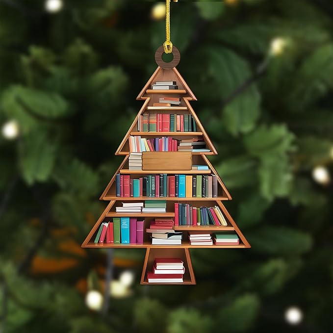 NGHYANA Wooden Christmas Tree Bookshelf Ornament 4 Inch Book Lover Holiday Decoration