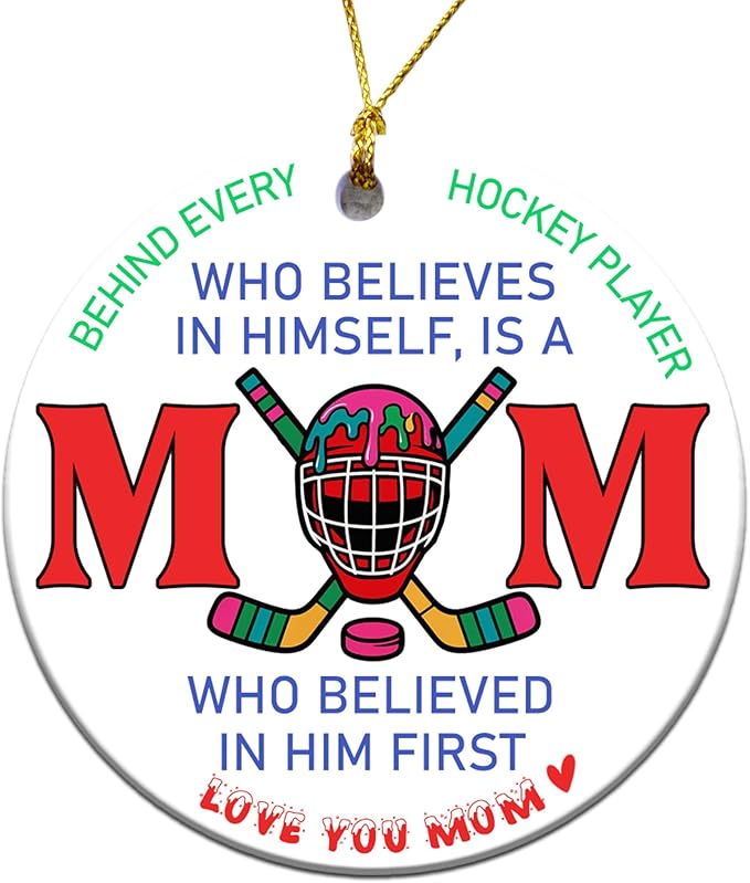 Ice Hockey Mom Ornament -Round Ceramic 3", Holiday Christmas Tree Decoration Keepsake, Hockey Mom from Son Daughter