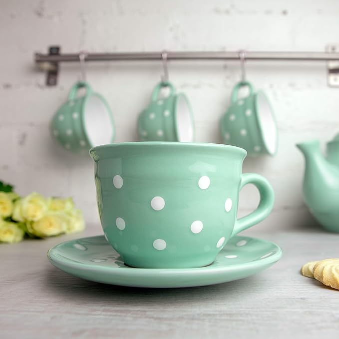 City to Cottage Handmade Teal Blue and White Polka Dot Large Ceramic 12oz/350ml Cappuccino Coffee Tea Cup and Saucer, Unique Designer Pottery for Tea Lovers