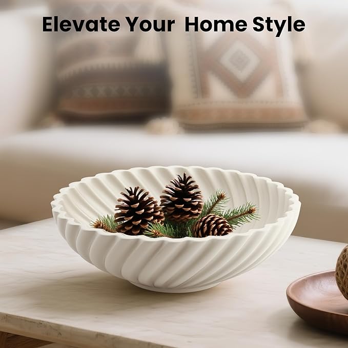 10'' Ceramic Decorative Bowl - Stylish Fruit Bowl for Kitchen Counter - Key Bowl for Entryway Table Decor - Large Decorative Bowls for Home Decor - Modern Home Decor Accents White