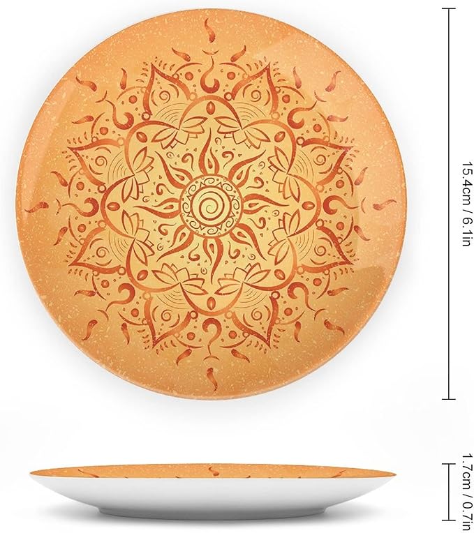 10 Inch Decorative Plate, Lotus Ceramic Stoneware, African Tribal Sun Pattern Primitive Figures Icon Print Ceramic Wall Hanging Decor Accessory for Dining Table Tabletop Home Decor, Dark Orange