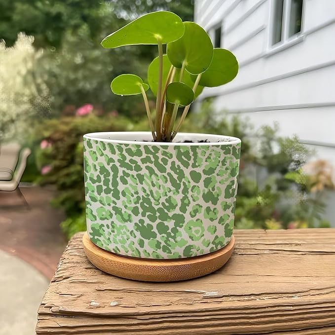 Leopard Green Beige Ceramic Planter Chinoiserie Style Green Snake Plant Live Indoor with Pot with Drainage Holes and Saucers Pot for Pots Outdoor Indoor Plants