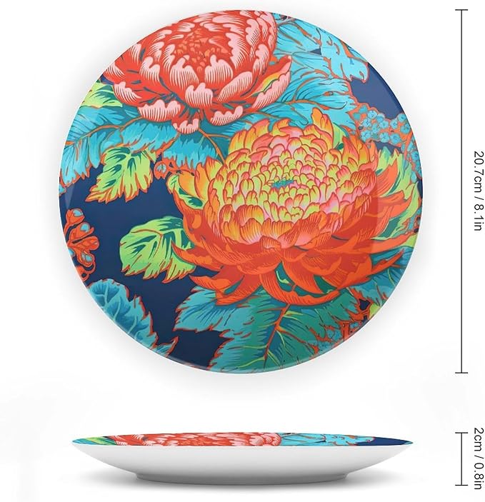 Red Blue Chinoiserie Peony Floral Ceramic Decorative Plate, Personalized Asian Scenic Chic Chinoiserie Hanging Decorative Tiles, Farmhouse Decorations Wall, Including Bracket And Special Hook