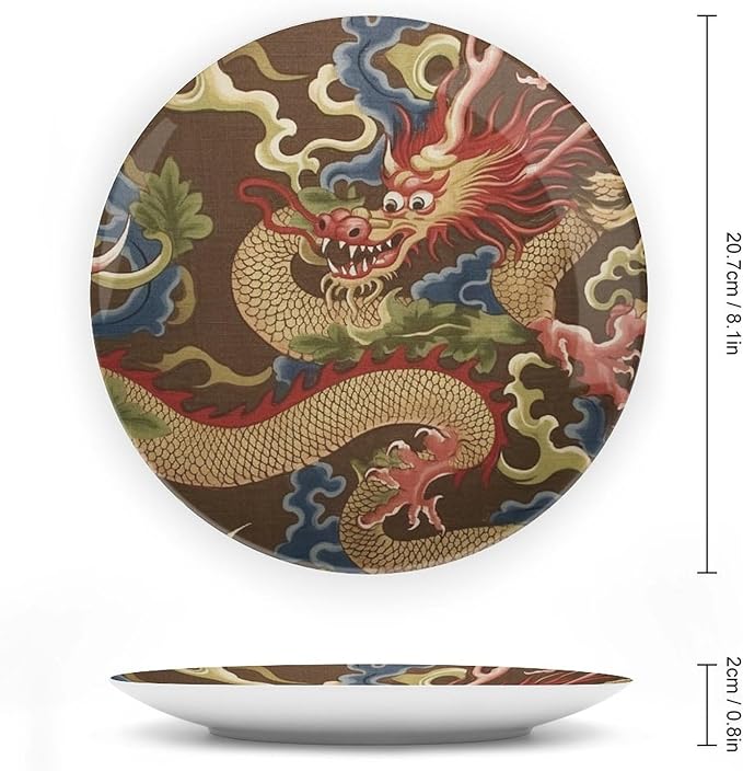 Dragon Gold Oriental Style Asian Ceramic Decorative Plate of 6", 7", 9", 10", Personalized Ceramic Display Plate, Wedding Kitchen Decorations Home, 1 Plate with 1 Display Stand