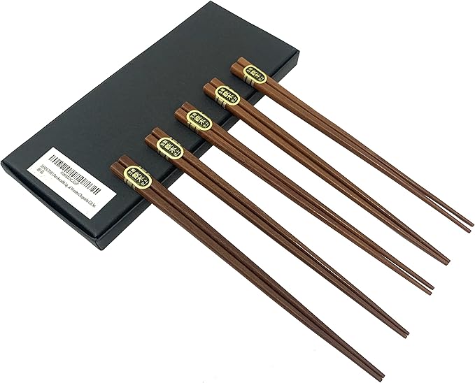 Wooden Chopsticks Reusable 5 Pairs Iron Wood Gift Set Hand Carved Japanese style 8.8 Inch/22.5cm