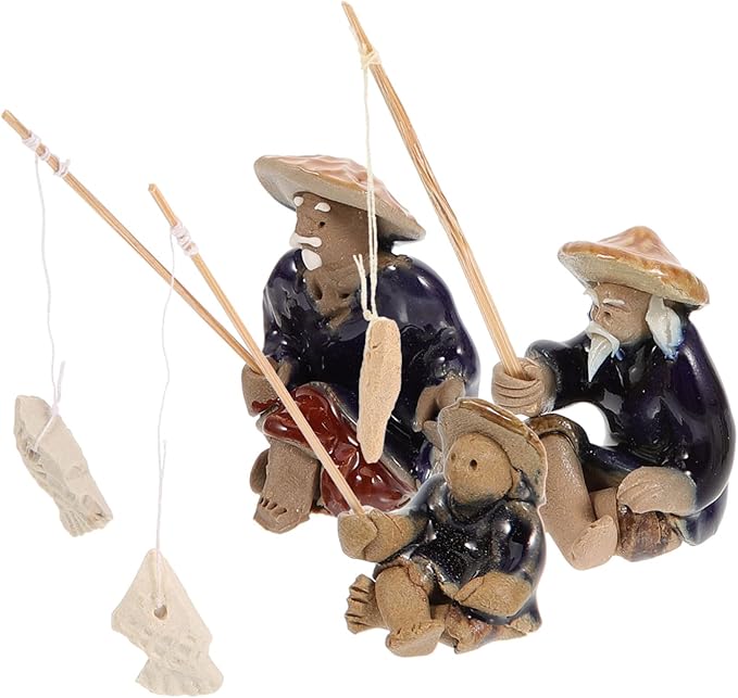 Mikikit 15pcs Ceramic Fisherman Figurines Sculpture Miniature Statues for Aquarium Decor Asian Fisherman Figurine for Bonsai Pot and Zen Garden Lifelike Fishing Man Ornaments for