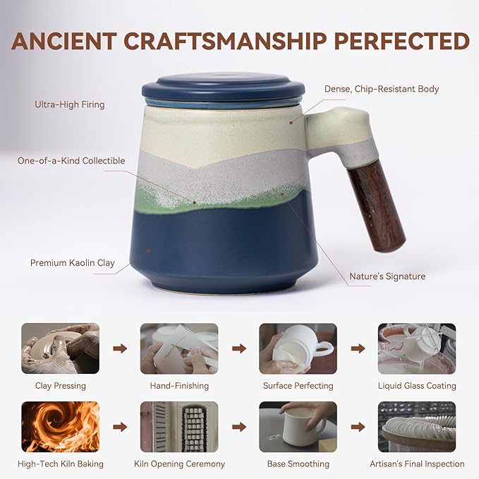 Ceramic Tea Mug with Infuser & Lid, 15oz Kiln-Transformed Unique Cup – Nature's Artisan Design, Loose Leaf Tea Cup with Infuser, Insulated Ceramic Coffee Mugs with Lid, Gift for Women/Men