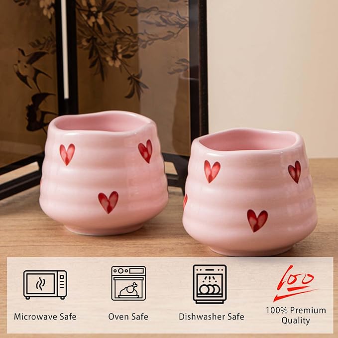 4pcs Japanese Tea Cup Set – 160ml 5.4OZ Ceramic Matcha Cup, Small Handless Espresso Cups, Cute Coffee Mugs for Valentine (Pink Love)