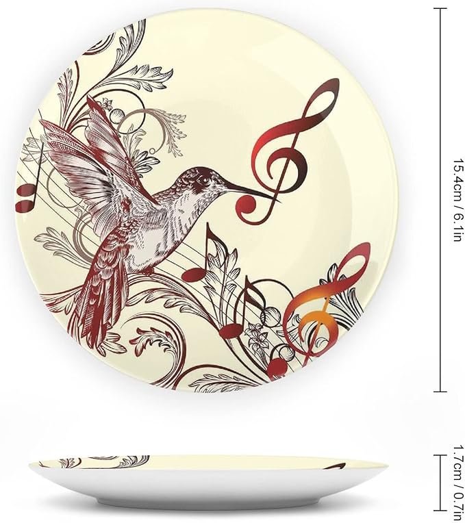 XISUNYA 6 Inch Decorative Plate, Hummingbirds Porcelain Plate, Flying Bird Musical Print Ceramic Wall Hanging Decor Accessory for Dining Table Tabletop Home Decor