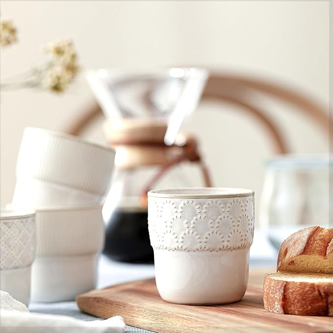 Espresso Cups Set of 2, 4oz Espresso Shot Cups, Mini Coffee Mugs Farmhouse Decor, Espresso Cup Perfect for Espresso Machine, Microwave and Dishwasher Safe，（Embossed Stripes+Firework）