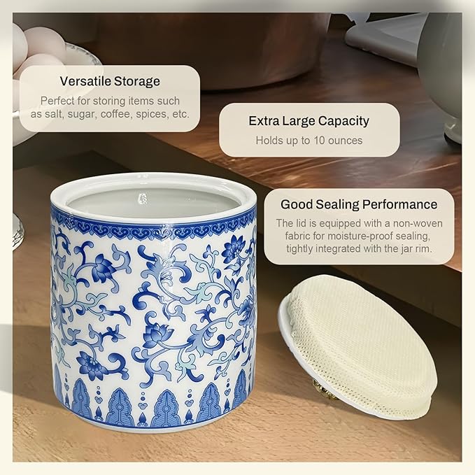 Vintage Blue and White Salt Cellar with Lid - Airtight Ceramic Spice Jar, Kitchen Countertop Storage Container for Salt, Pepper & Seasonings