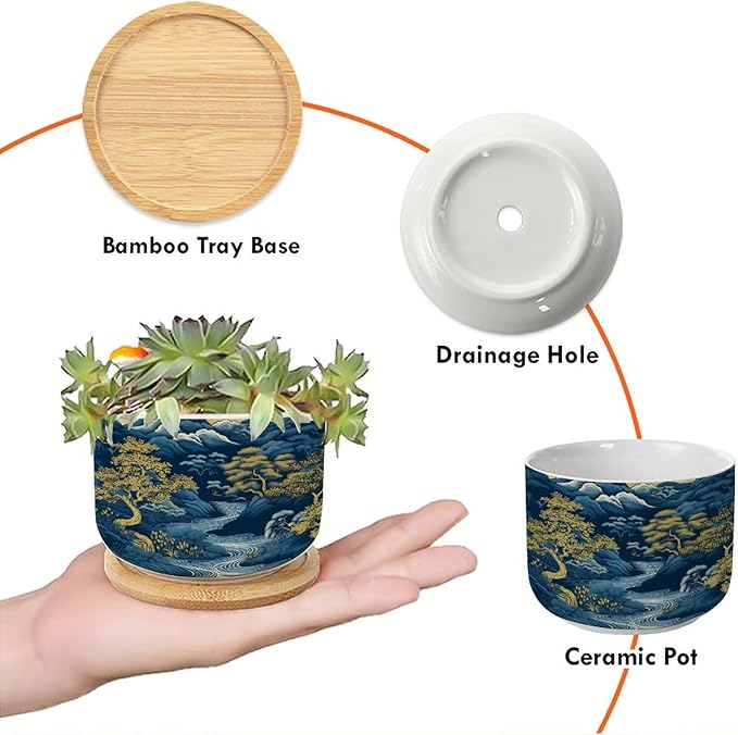 1 Piece Blue Indigo and Gold Asian Scenery Small Ceramics Planters Chinoiserie Chic Asian Succulents Pots with Drainage Bamboo Trays Navy Blue Mountain Ceramics Pots for Plants