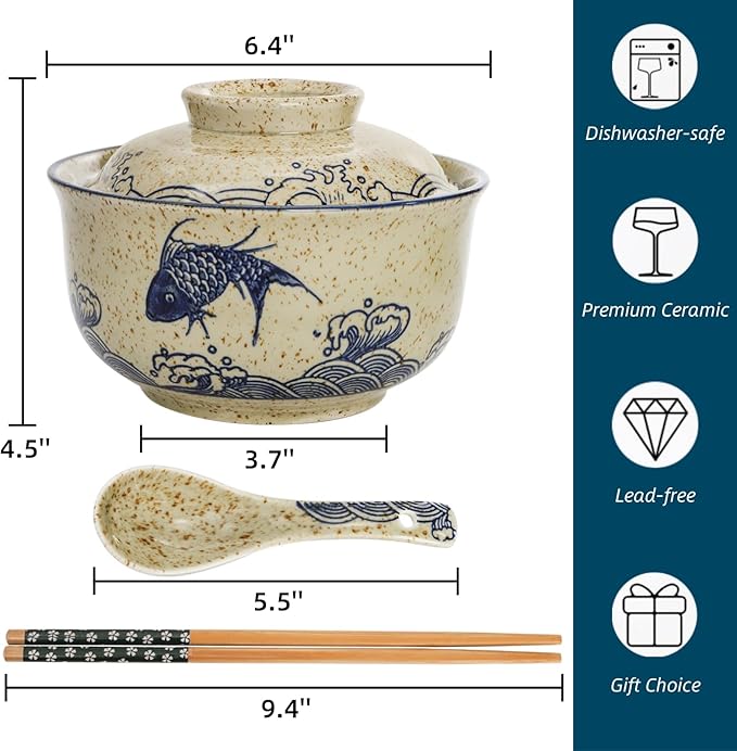 2 Pieces Ceramic Ramen Bowls, 25 Oz Large Soup Bowl with Lid, Spoon, Chopstick, Hand-painted Japanese Tableware for Noodles, Salad, Rice, Microwave Dishwasher safe