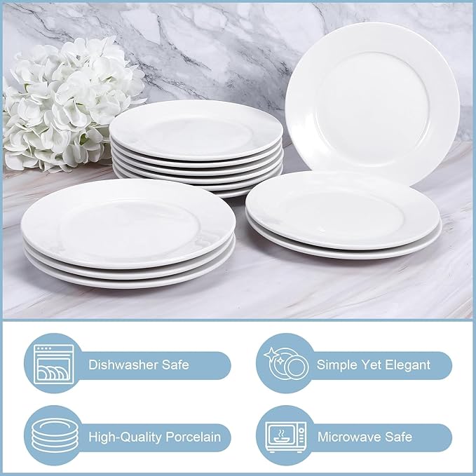 12 Pcs Porcelain Plates, 10 inch White Dessert and Appetizer Plates, Microwave and Dishwasher Safe Ceramic Set