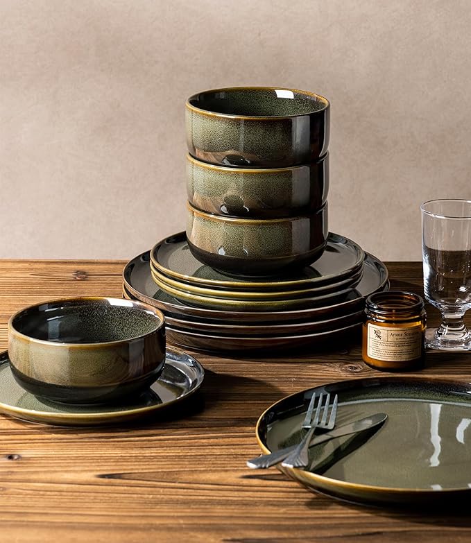 TheTerra Ceramic Dinnerware Sets for 8, 24 Pieces Handmade Reactive Glaze Plates and Bowls Set, Scratch Resistant Dish Set, Oven & Microwave & Dishwasher Safe, Olive Green