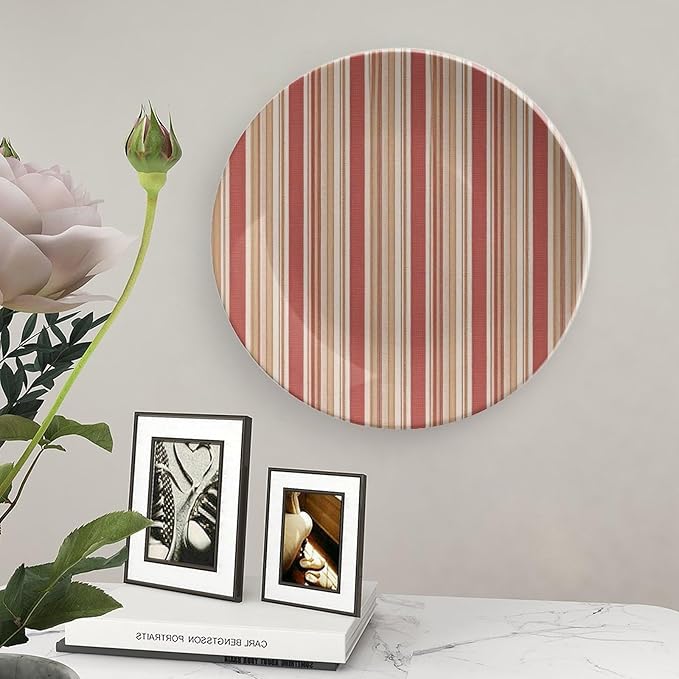 Red And White Classic Stripe Plates Ceramic Decor for Table Display Wedding Customize Birthday Idea Gifts Hand Painted Wall Hanging Decor with 1 Display Stand, Multi Sizes by Choosing