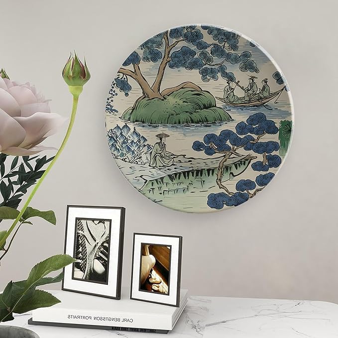 Decorative Plate Asian Scenic Dynasty Blue And Green Personalized Decor for Household Farmhouse Festival Display Bone China Decorative Plate with Vertical Stand, Multi Sizes, Gifts for Men Women