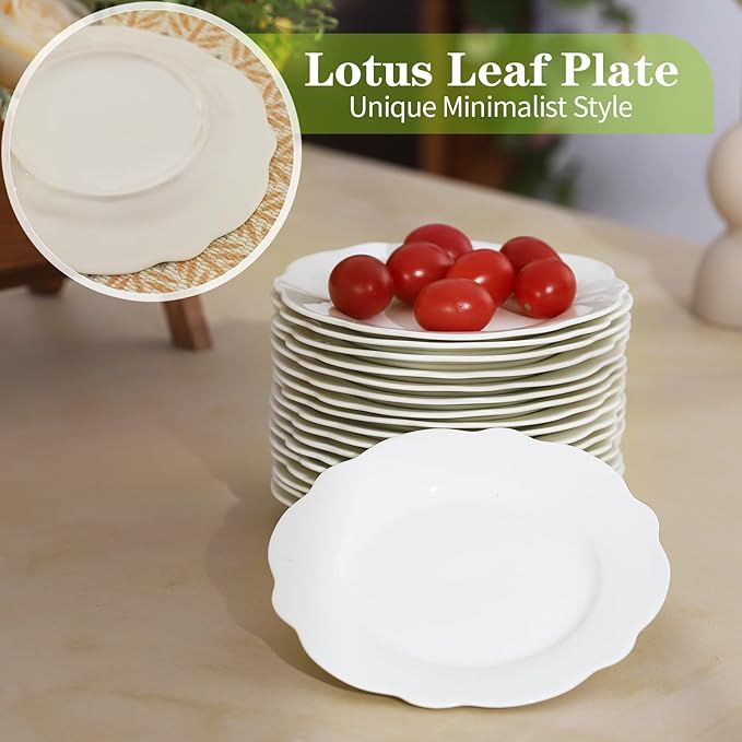 TAMAYKIM 6 Inch Porcelain Dessert Plates, Set of 18, White Lotus Shape Stackable Appetizer Plates, Scratch Resistant Small Plates for Restaurant & Home, Microwave, Oven & Dishwasher Safe