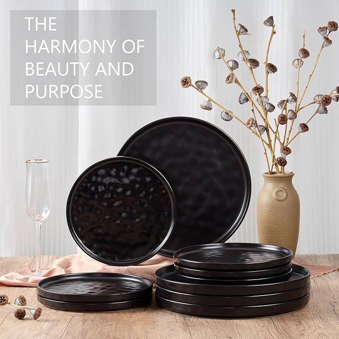 LIANYU Ceramic Dinner Plates Set for 4, 7.9In Porcelain Kitchen Salad Dessert Serving Dishes Set, Modern Round Stoneware Dinnerware Appetizer Plates, Scratch Resistant & Microwavable, Obsidian Black