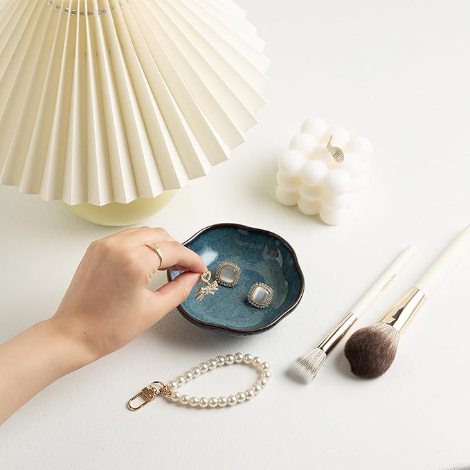 Ceramic Ring Dish Flower Jewelry Holder Dish Cute Jewelry Dish Tray Trinket Dish Small Decorative Tray Key Bowl Room Decor Aesthetic for Mom Best Friend Sister (blue)