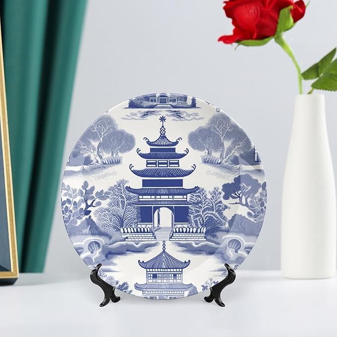 Chinoiserie Blue Asian Pagoda Decorative Plate of 6", 7", 9", 10", Personalized Hand Painted Wall Hanging Decor, Club Festival Decorations Household, Unique Art with Stand