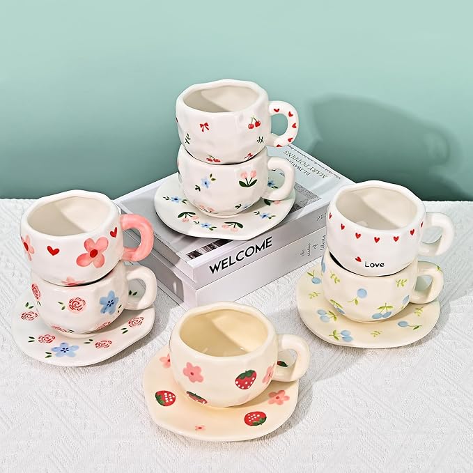 Koythin Ceramic Coffee Mug with Saucer Set, Cute Strawberry Flower Cup Unique Irregular Design for Office and Home, 10 oz/300 ml for Latte Tea Milk