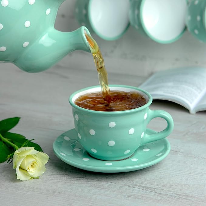 City to Cottage Handmade Teal Blue and White Polka Dot Large Ceramic 12oz/350ml Cappuccino Coffee Tea Cup and Saucer, Unique Designer Pottery for Tea Lovers
