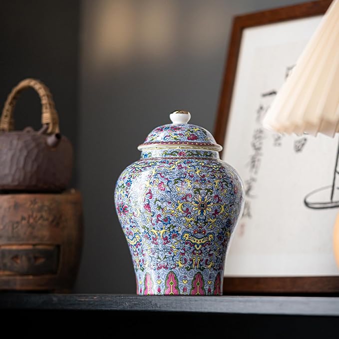 fanquare Porcelain Airtight Canister for Loose Tea Coffee Bean, Imitation Enamel Style Ceramic Tea Bag Sealer, Vintage Chinese Style Storage Caddy Sugar Jar, Desktop Vase for Decor Ginger Jar