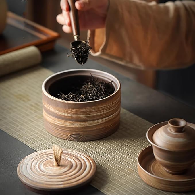Retro ceramic storage jar - multifunctional jar for tea, coffee, and sugar - decorated kitchen container with lid (A)