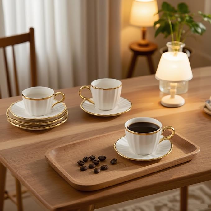 3.2oz Ceramic Turkish Coffee Cup Set of 6, British Italian Cappuccino Cups Porcelain Espresso Cups and Saucers with Gold Trim for Double Espresso Cappuccino Latte Mocha Tea, Gold