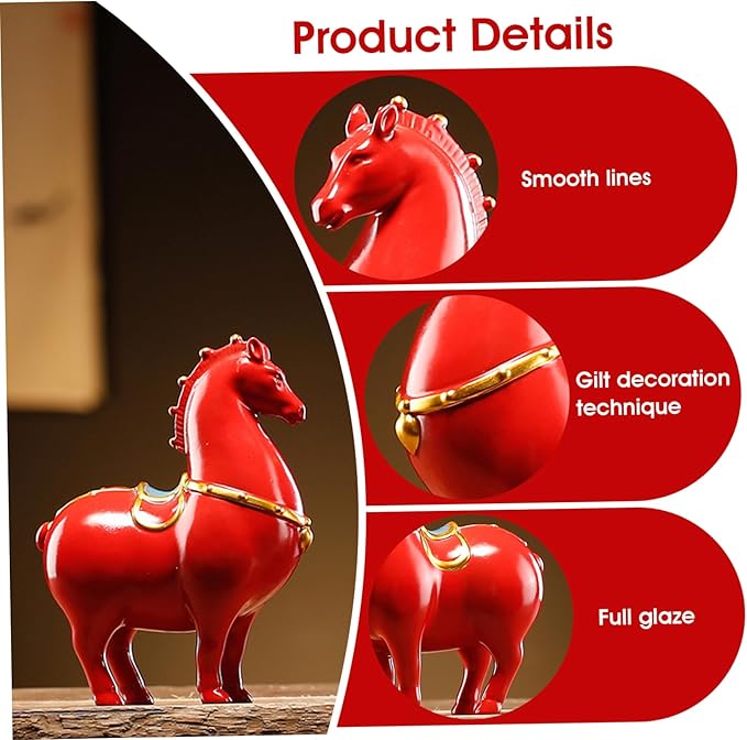Horse Figurine Red Ceramic Horse Statue with Gold Trim Decorative Tang Asian Inspired Home Decor for Living Room, Study & Office Collection