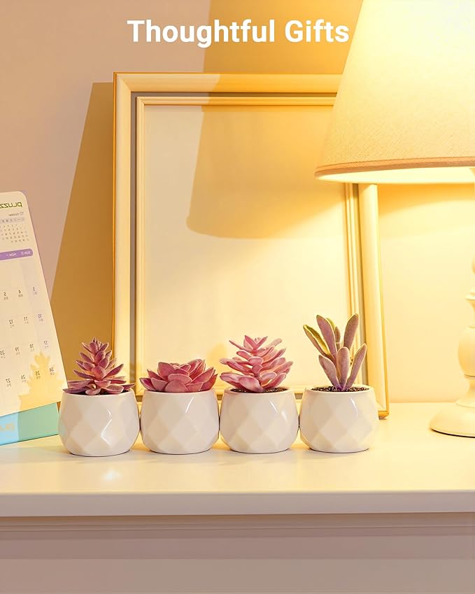 VIVERIE Mini Succulents Plants Artificial in Pots, Christmas Small Fake Plants for Home Decor Indoor for Women, White Ceramic Faux Succulents, Set of 4, Gifts for Mom-Purple