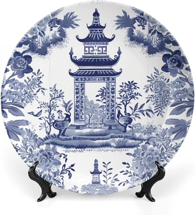 China Plates Chinoiserie Blue Asian Pagoda Customize Decor for Wedding Table Housewarming Gifts Display Wall Hanging Decorative Plate with Display Stand And Hook Up, Multi Sizes, Gifts for Men Women