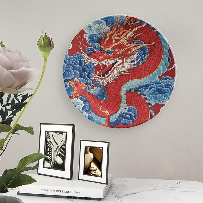 Red Dragon Chinoiserie Asian Inspired Ceramic Decorative Plate of 6", 7", 9", 10", Custom Ceramic Display Plate, Display Home Decorations Housewarming Gifts, Including Bracket And Special Hook