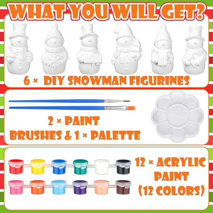 Eersida 6 Sets Winter Ceramics to Paint Ready to Your Own Ceramic Snowman Statues DIY Unpainted Paintable Winter Figurines Kit Crafts with Brush Palette for Christmas DIY